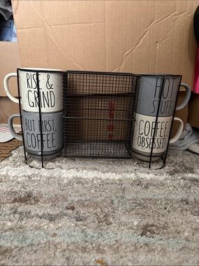Boston Warehouse Cream and Gray Coffee Mug Set with Wire Rack